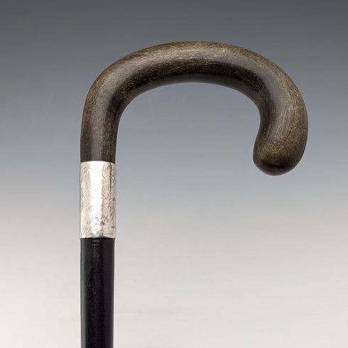 1918 British antique men's pure silver decorated horn handle walking stick 82cm